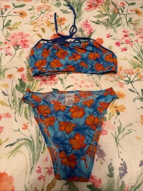 Speedo Blue Bikini Set with Orange Floral Print